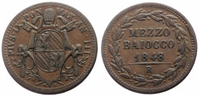 Italy, Papal States, 1/2 Baiocco (Bronze, 4.79g, 24mm) Pio IX
Obv: PIVS•IX PON MAX AN • IIII, Legend around Papal arms
Rev: MEZZO / BAIOCCO / 1848 / R...
