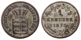 1 Kreuzer AR
Germany, German States, Kingdom of Württemberg, Charles I, K.WÜRTTEMBERG. SCHEIDEMÜNZE, Crowned arms / 1 / KREUZER / 1870
14 mm, 0,78 g...
