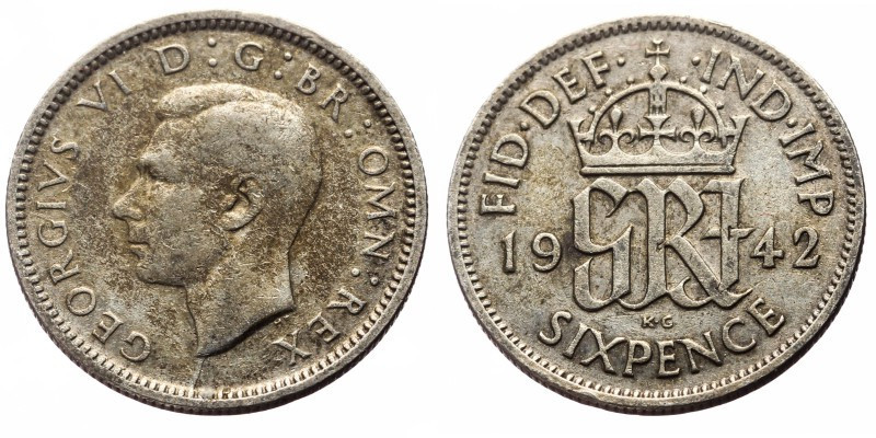 United Kingdom, 6 Pence (Silver, 2.79g, 20mm) George VI 1st coinage Obv: GEORGIV...