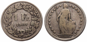 Switzerland, Schweizerische Eidgenossenschaft (Swiss Confederation) 1848-present. 1 Franken 1905 B (Silver, 23 mm, 4.77g), Obv: Helvetia standing faci...