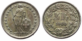 Switzerland (1848-2024) ½ Franc (Silver, 2.46g, 19mm) Obv: HELVETIA / A. BOVY INCᵀ, Full-length figure of Helvetia, standing, facing left, wearing tog...
