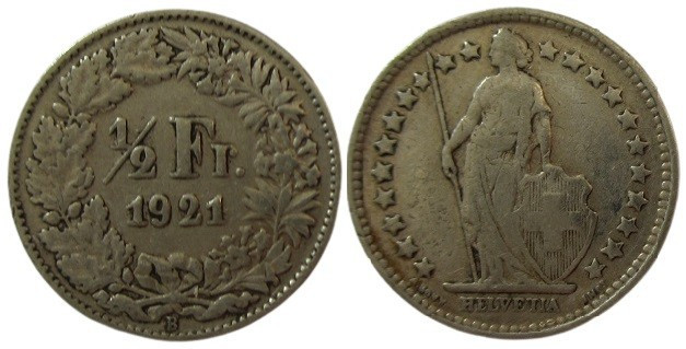 Switzerland (1848-2024) ½ Franc (Silver, 2.46g, 19mm) Obv: HELVETIA / A. BOVY IN...