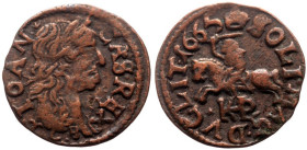 Poland, Jan II Kazimierz, 1 AE solidus (Bronze, 1.03g, 16mm) Ujazdów, 1665
Ref: Kopicki 1553