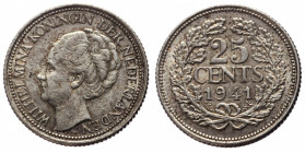 Netherlands, 25 Cents (Silver, 3.56g, 20mm) Wilhelmina Obv: WILHELMINA KONINIGIN DER NEDERLANDEN, Portrait of Queen Wilhelmina facing left, hair raise...