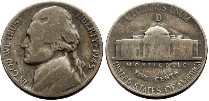 "Jefferson Wartime Nickel" 5 Cents (4.83g, 22mm) Denver, 1945
Ref: KM# 192a, Sc...