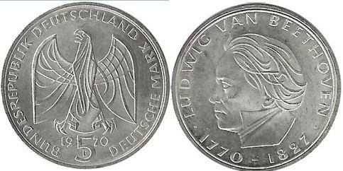 5 DM
200th Anniversary - Birth of Ludwig van Beethoven, silver 625/1000
29 mm,...