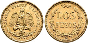 Mexico, Estados Unidos Mexicanos. 1905-present, 2 Pesos 1945 M, Ciudad de México (Mexico City) ESTADOS UNIDOS MEXICANOS Mexican eagle on cactus with s...