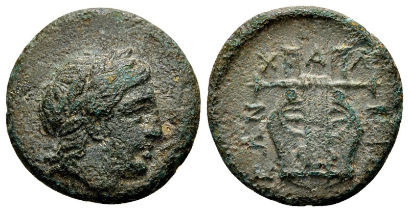Macedon, Chalcidian League. Olynthos, ca. 432-348 BC. Æ16, 3.84 g. Laureate head...