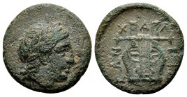Macedon, Chalcidian League. Olynthos, ca. 432-348 BC. Æ16, 3.84 g. Laureate head of Apollo right / XAΛKIΔEΩN five-stringed kithara. SNG ANS 552-553. A...
