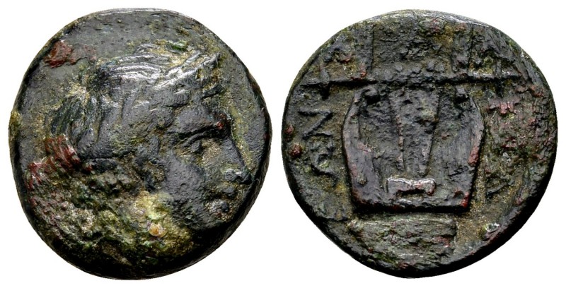 Macedon, Chalcidian League. Olynthos, ca. 432-348 BC. Æ15, 3.52 g. Laureate head...