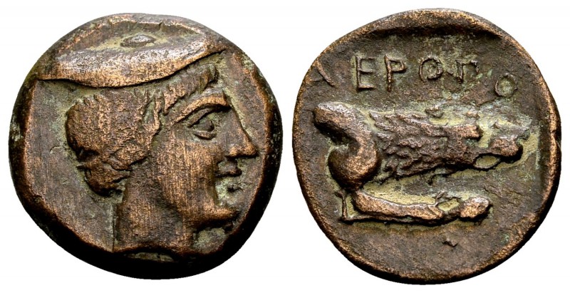 Kingdom of Macedon, Aeropos. 398/7-395/4 BC. Æ chalkous, 2.01 g. Male head weari...