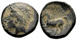 Kingdom of Macedon, Philip II. Uncertain mint in Macedon, 315-295 BC. Æ18, 7.86 g. Head of Apollo left / ΦIΛIΠΠOY youth on horseback left; below: lion...