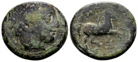 Kingdom of Macedon, Philip II. Uncertain mint in Macedon, 315-295 BC. Æ20, 8.64 g. Head of Apollo right / ΦIΛIΠΠOY youth on horseback right; before: A...