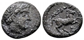 Kingdom of Macedon, Alexander III. Uncertain mint in Macedon, 336-323 BC. Æ15, 2.66 g.  Head of Apollo right / ΑΛEΞΑΝΔΡΟΥ horse rearing right; below: ...