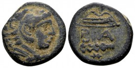 Kingdom of Macedon, Alexander III. Uncertain mint in Macedon, 325-310 BC. Æ17, 6.11 g.  Head of young Herakles right, wearing lion skin / B Α bow, qui...