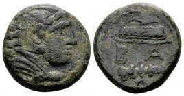 Kingdom of Macedon, Alexander III. Uncertain mint in Macedon, 325-310 BC. Æ17, 6.27 g.  Head of young Herakles right, wearing lion skin / B Α bow, qui...