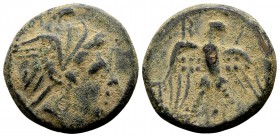 Kingdom of Macedon, Perseus. Uncertain mint in Macedon, 179-168 BC. Æ18, 5.95 g. Head of hero Perseus wearing winged Phrygian helmet right, [harpa bef...