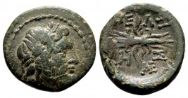 Macedon, Autonomous Issue. Bottiaia(?), ca. 185-168 BC. Æ16, 3.41 g. Laureate head of Zeus right / Winged thunderbolt; above and below: uncertain lett...