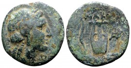 Macedon, Autonomous Issue. Temp Philip V, 187-31 BC. AE22, 7.89 g. Laureate head  right / MAKE [ΔΟΝΟΝ] bow and kithara. SNG Cop. 1301. Very fine.