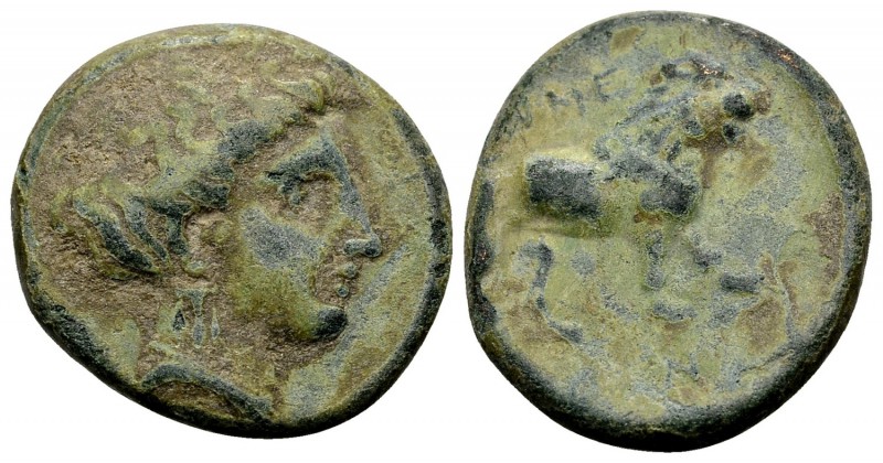 Thessaly, Gonnos. Mid-late 4th century BC. Æ dichalkon, 5.44 g. Head of nymph ri...
