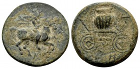 Thessaly, Krannon. Ca. 350-300 BC. Æ dichalkon, 4.49 g. Thessalian warrior on horse rearing right; Λ to right / KPA NNO hydria on cart with long handl...