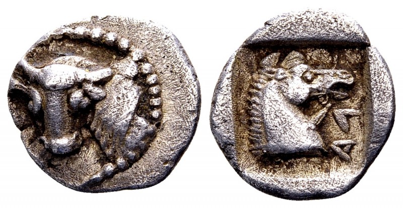 Thessaly, Lamia. ca. 400-350 BC.AR hemidrachm, 2.78 g. Head of Dionysos left, we...