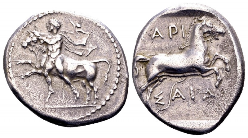 Thessaly, Larissa. Mid-late 5th century BC. AR drachm, 5.93 g. Thessalos, wearin...