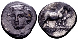 Thessaly, Larissa. Early-mid 4th century BC. AR drachm, 5.41 g. Head of the nymph Larissa facing slightly left, grain ears in hair / mare in foregroun...