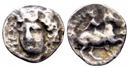 Thessaly, Larissa. Late 4th-early 3rd century BC. AR trihemiobol, 0.76 g. Head of the nymph Larissa wearing ampyx slightly left / Horseman right, wear...