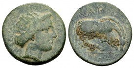 Thessaly, Larissa. Ca. 380-337 BC. Æ dichalkon, 3.67 g. Head of the nymph Larissa right, wearing earring / ΛAPI ΣAIΩN (retrogade) horse right, about t...