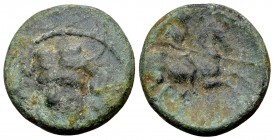 Thessaly, Larissa. Ca. 356-337 BC. Æ tetrachalkon, 5.12 gr. Head of nymph Larissa facing slightly left / (ΛAPIΣAIΩN) cavalryman, with Boiotian helmet ...