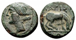 Thessaly, Larissa. Late 4th/3rd century BC. AE chalkous, 2.27 g. Head of nymph Larissa left / ΛΑΡΙΣΑΙΩΝ horse grazing right. BCD Thessaly I 391.2. Ext...