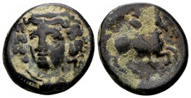 Thessaly, Larissa. Late 4th-early 3rd century BC. Æ tetrachalkon, 7.35 g. Head of the nymph Larissa 3/4 facing left / ΛΑΡΙΣ ΑΙΩΝ horseman with spear r...