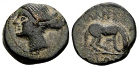 Thessaly, Larissa. 325-250 BC. AE chalkous, 2.25 g. Head of nymph Larissa left / ΛAPIΣAIΩN horse grazing right; in right field: Δ. BCD Thessaly II 392...