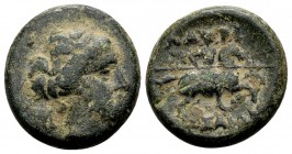 Thessaly, Larissa. 3rd century BC. Æ dichalkon, 4.83 g. Head of the nymph Larissa right, wearing earring; monogram behind / ΛAPI ΣAIΩN horseman with s...