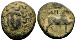 Thessaly, Larissa. 3rd or 2nd century BC. Æ tetrachalkon, 8.37 g. Head of the nymph Larissa 3/4 facing left / ΛΑΡΙΣ ΑΙΩΝ horse trotting right; [below:...