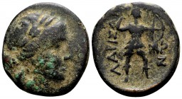Thessaly, Larissa. 2nd century BC. Æ tetrachalkon, 7.08 g. Laureate head of Apollo right / ΛΑΡΙΣΑΙ ΩΝ Artemis standing right, holding bow and drawing ...