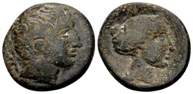 Thessaly. Phalanna. Late 3rd century BC. Æ trichalkon, 5.68 g. Male head right; behind: Φ / ΦΑΛΑΝΝΑΙΩΝ head of nymph right, hair in sakkos. Cf. BCD Th...