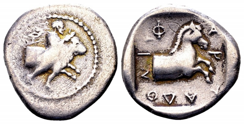 Thessaly, Pharkadon. Ca 440-400 BC. AR hemidrachm, 2.69 g. Thessalos nude, weari...