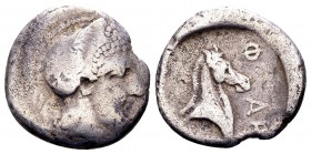 Thessaly, Pharsalos. Mid-late 5th century BC. AR hemidrachm, 2.89 g. Helmeted head of Athena right / ΦAP in right field, head of horse right; all in i...