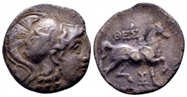 Thessaly, Thessalian League. Second half 2nd century BC. AR Drachm (18mm, 4.17 g, 3h). Poly..., magistrate. Head of Athena right, wearing crested Cori...