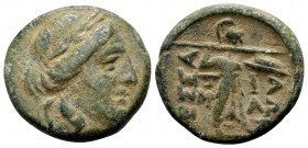 Thessaly, Thessalian League. Second half of the 2nd century BC. Æ trichalkon, 6,7 g. Tima, magistrate. Laureate head of Apollo right / ΘEΣΣA ΛΩN Athen...