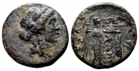 Thessaly, Thessalian League. Late 2nd–mid 1st century BC. Æ chalkous, 3.45 g. Phere..., magistrate. Laureate head of Apollo right / ΘEΣΣA ΛΩN Athena I...