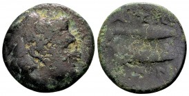 Aitolia, Aitolian League. 290-220 BC. Æ hemiobol, 5.46 g. Laureate head of Apollo / AITΩ ΛΩΝ spearhead and jawbone of boar; right: grape bunch. BCD Ak...