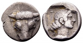 Phokis, Federal Coinage. Delphi, 457 - 446 BC. AR triobol or hemidrachm, 2.94 g. Frontal triangular bull’s head, the hair in ringlets / [F]OKI head of...
