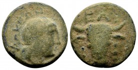 Phokis, Elateia. Late 4th century BC. Æ17, 4.91 g. EΛ bull's head facing, fillets hanging from horns / ΦΩKEΩN laureate head of Apollo right .BCD Lokri...