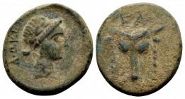 Phokis, Elateia. 3rd century BC. Æ16, 4.49 g. EΛ bull's head facing, fillets hanging from horns / ΦΩKEΩN laureate head of Apollo right .BCD Lokris-Pho...