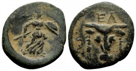 Phokis, Elateia. 3rd-2nd century BC. Æ18, 4.59 g. Head of bull facing, fillets hanging from horns; above: EΛ / Athena advancing right, holding spear a...