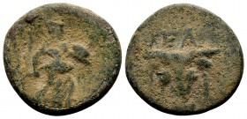 Phokis, Elateia. 3rd-2nd century BC. Æ18, 5.12 g. Head of bull facing, fillets hanging from horns; above: EΛ / Athena advancing right, holding spear a...