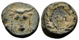 Phokis, Phokian league. 4th-3rd century BC. Æ13, 2.54 g. Bull's head facing, fillets hanging from horns / ΦI within wreath with berries. BCD Lokris-Ph...